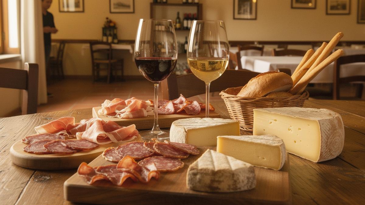 Tavola apparecchiata con antipasti regionali italiani e calici di vino, atmosfera calda e autentica