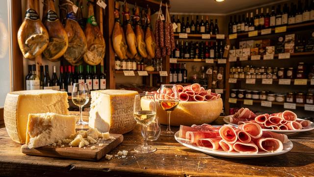 Tagliere di Parmigiano e Prosciutto in una salumeria tradizionale