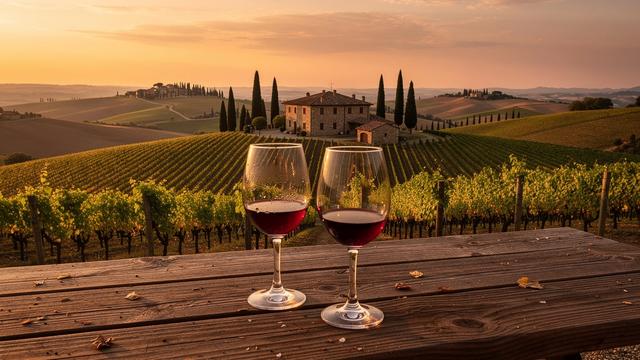 Vigneti toscani al tramonto con calici di vino