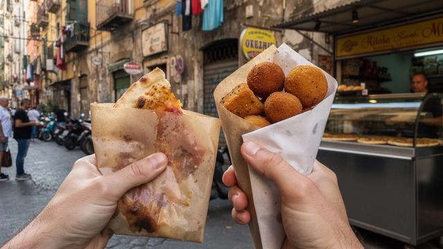 Pizza a portafoglio e fritti tipici in strada
