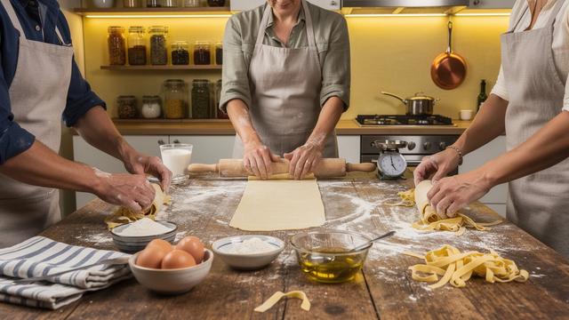Lezione di cucina con pasta fresca su un tavolo in legno