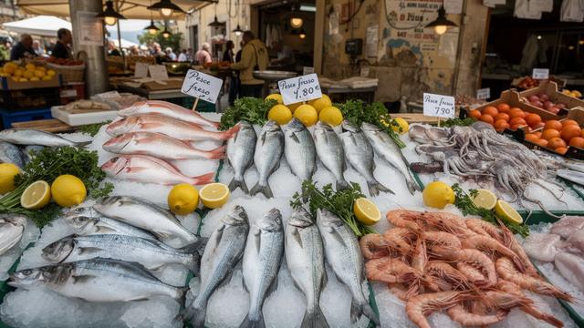 Mercato del pesce con banco di mare e limoni